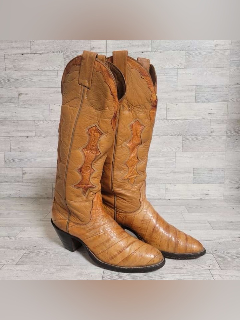Vintage Nocona Exotic Eel Skin Inlay Brown Tall Cowboy Boots Women’s Size 6.5